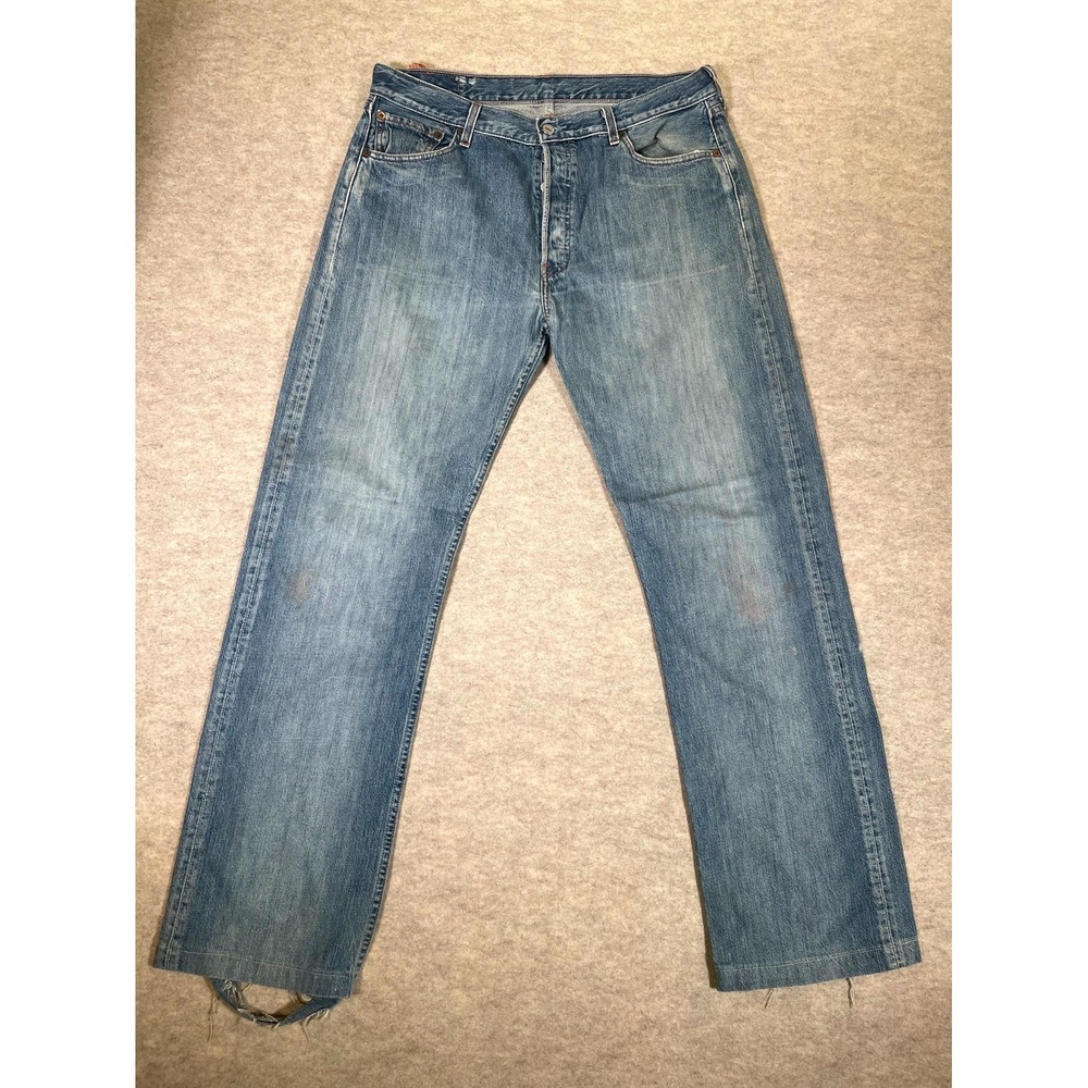 Levis 501 Original Fit Jeans Mens 36x36 Blue Whiskered Denim Cotton Straight Leg